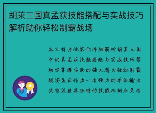 胡莱三国真孟获技能搭配与实战技巧解析助你轻松制霸战场